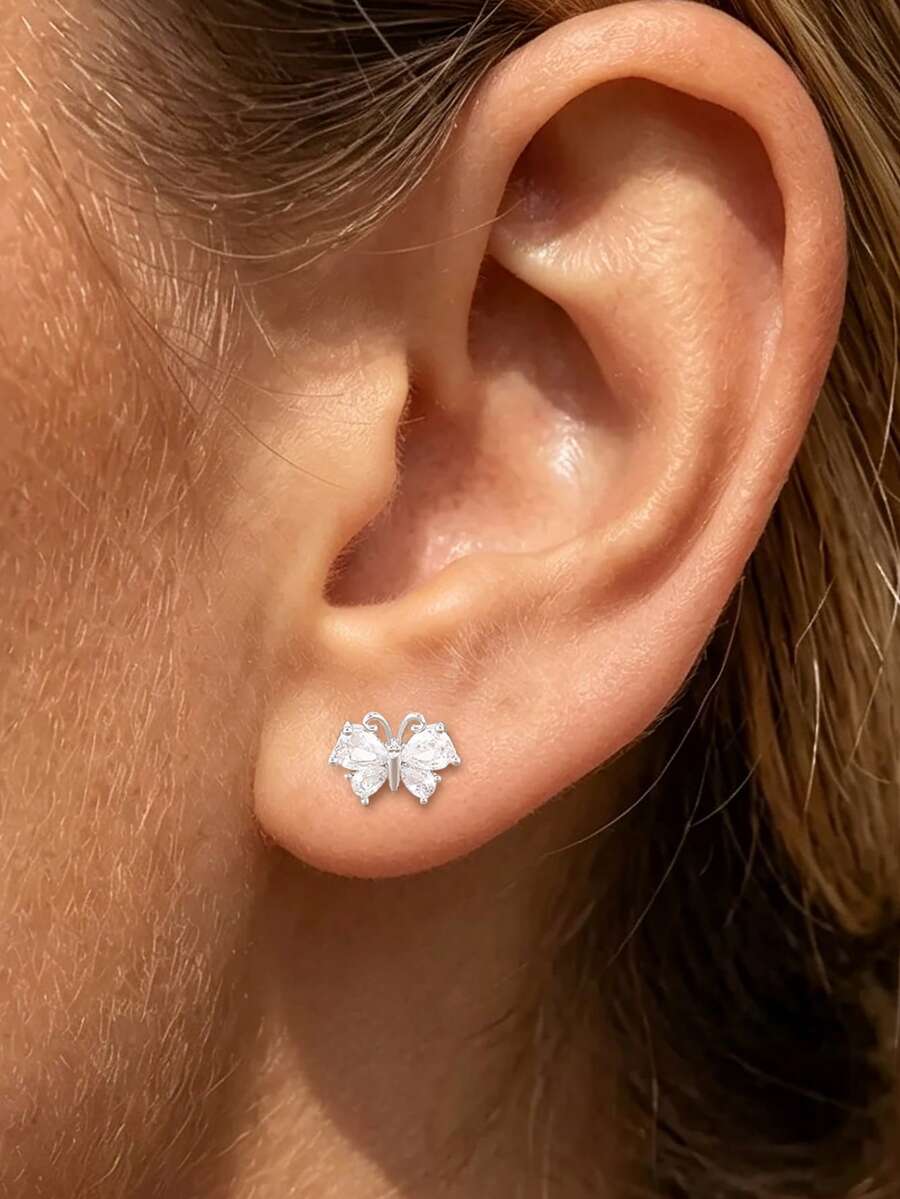 1PC Exquisite Lively Butterfly Shaped Zirconia Ear Stud Earrings For Women Simple Lovely Piercing Earrings Daily Wear Jewelry - Silver-1PC - View 1