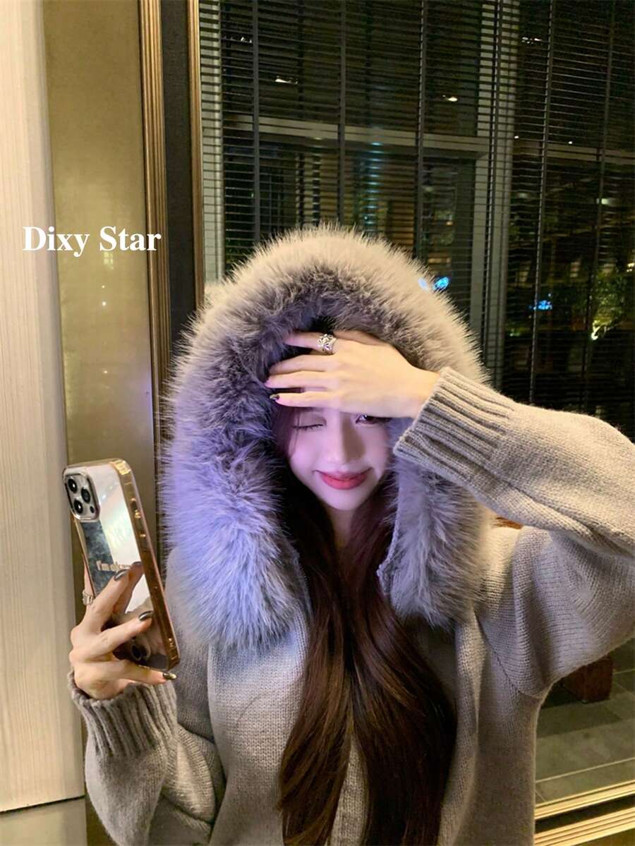 Women's Fur Collar Hooded Sweater Jacket, Korean Slouchy Petite Knit Top, Autumn/Winter