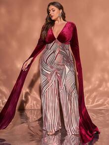 Jumpsuit dài size lớn siêu dài thanh lịch, tay xẻ, cổ V sâu, hở lưng, đính sequin phối mảng cho tiệc tối - Đỏ - Xem 3