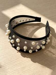 1/4PCS French Style Faux Pearl Mesh Headband, Elegant Minimalist Beaded Wide Edge Tulle Hair Accessory For Women - Multicolor - View 6