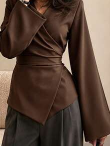 Women's Casual Long Sleeve V-Neck Tie Waist Open Front Blouse, Solid Color, Daily Commute, Autumn/Winter - Brown - View 4
