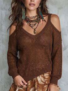 Women's Autumn And Winter New Solid Color Loose Knitted Cold Shoulder Sweater Simple Fall Streetwear - Brown - View 1