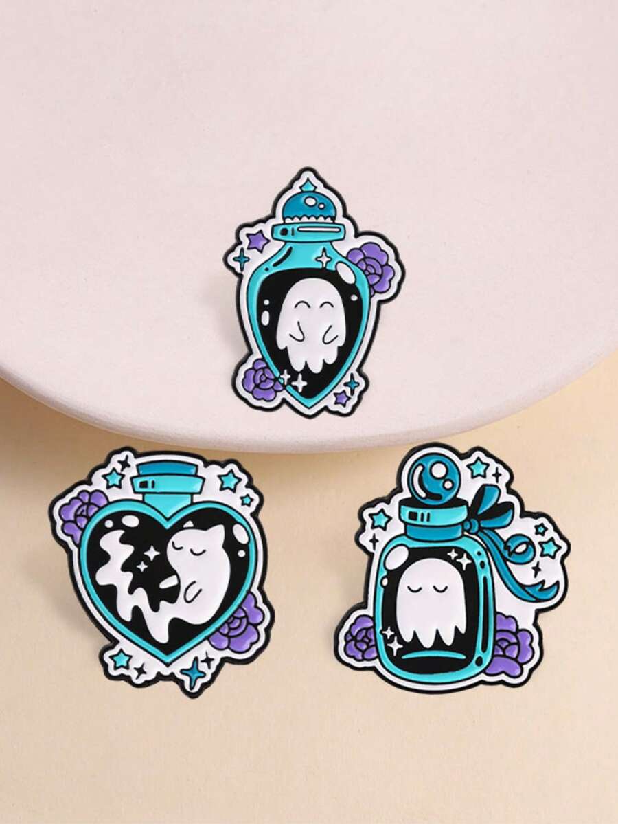 3Pcs Magic Potion Bottle Ghost Cat Enamel Pin Set Gothic Halloween Lapel Brooch Pack For Backpack Jacket Decor Gift