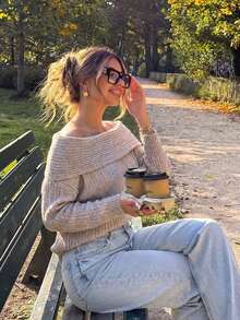 Women's Chic Gray Off ShoulderVertical Stripe Knit Sweater For Daily Commute Party School Date Concert Street Fall Winter Halloween Christmas New Year - Light Grey - View 4