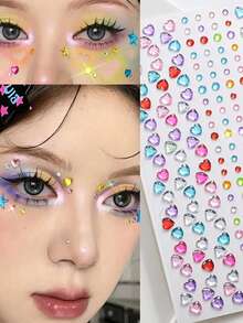 3Pcs Y2K Festival Face Gems Stickers Multicolor Mixed Heart Teardrop Round Self‑Adhesive Rhinestones Facial Diamond Decals Colorful Crystal Jewels For Rave Christmas Halloween Cosplay Body Eye Makeup Decor - Multicolor - View 5
