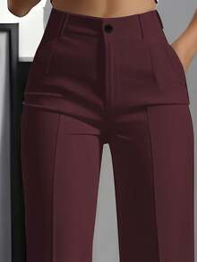 Women's Solid Color Button Pocket Zipper Office Pants - Burgundy-2 - View 2