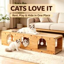 Cat Scratcher Tunnel House, Detachable Multi-Hole Cardboard Cat Box With Hanging Ball, Large Multi-Cat Interactive Rest Box - Khaki - View 3