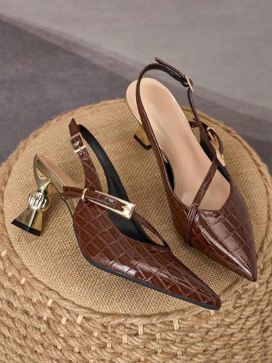 WHDXY Premium Brown High Heel Pumps With Pointed Toe, Metal Strap Back, Unique Asymmetric Heel, Office Commute & Evening Party Dress Shoes - Brown - View 1