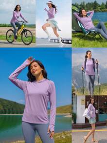 Women's UPF 50+ UV Protection Hooded Long Sleeve Shirt With Thumbholes, Performance For Outdoor Sports, Running, Workout, Hiking, Fishing Spring Fall - Purple - View 6