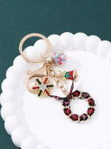 1pc Exquisite Creative Beautiful Christmas Rhinestone Snowflake Bell Ribbon Oil-Drip Alloy Keychain Christmas Series Theme Fashion Pendant Holiday Commemorative Gift For Friends And Family - Multicolor - View 5