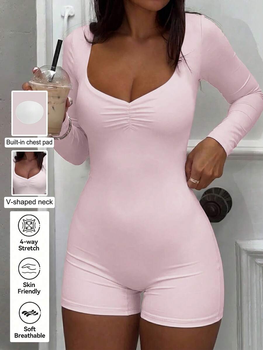 NOIRLYN Women's Fall Winter Sexy Sweetheart Neck Ruched Front Long Sleeve Jumpsuit, Fitted Butt‑Lifting Y2K Gym Romper With Built‑In Bra - Pink - View 1