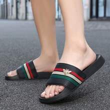 Men's Street Style Slide Sandals, Contrast Striped Straps With Metal Bee Decor, Open Toe Slip-On Casual Sandals For Indoor, Outdoor And Beach Wear - Black - View 3