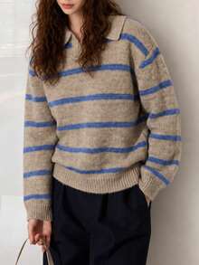 Women's Winter Casual Minimalist Striped Design Turn Collar Pullover Sweater - Oatmeal - View 3