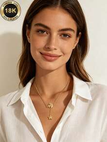 TONSI 1pc Luxury Fashion Minimalist Exotic Bohemian Style 18K Gold Plated Stainless Steel Rhinestone Moon & Star Y-Shaped Pendant Necklace, Versatile Hypoallergenic Star & Moon Pattern Collarbone Chain, Saudi National Day Muslim Festival Gift, Suitable For Women's Daily Commute, Holiday, Date Accessory - Gold - View 3