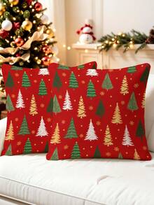 1/2/4Pcs Vibrant Red Christmas Tree Cushion Cover,Mixed Green Gold White Pine Tree Print,Golden Snowflake Winter Farmhouse Holiday Decor Pillow Case - Multicolor - View 6