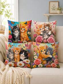 4pcs Cute Kitten Throw Pillow Covers 18x18 Set Of 4, Colorful Floral Butterfly Cat Cushion Covers For Couch Sofa Living Room Decor (Without Insert) - Multicolor - View 10