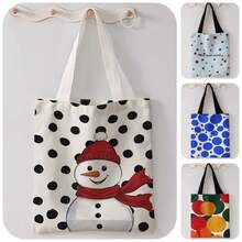 1pc Polka Dot Snowman Print Canvas Tote Bag, Large Capacity Hand‑Held Shoulder Bag,Reusable Shopping Bag For Music Festival Party Daily Packing Books - Multicolor - View 2