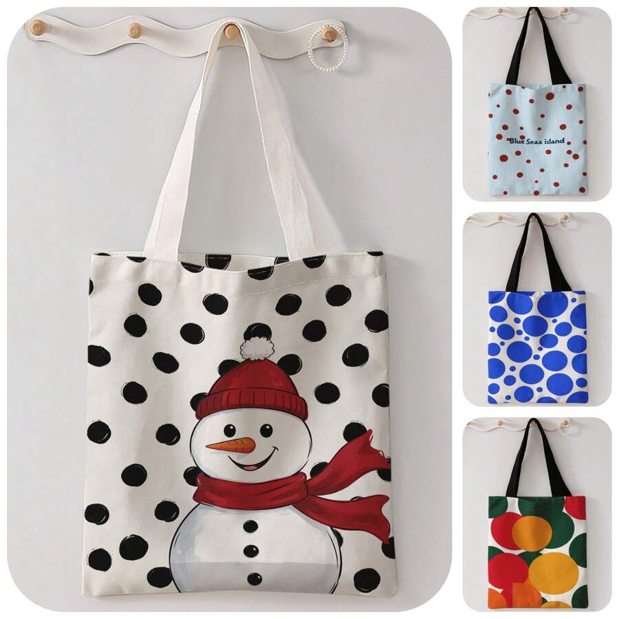 1pc Polka Dot Snowman Print Canvas Tote Bag, Large Capacity Hand‑Held Shoulder Bag,Reusable Shopping Bag For Music Festival Party Daily Packing Books - Multicolor - View 1