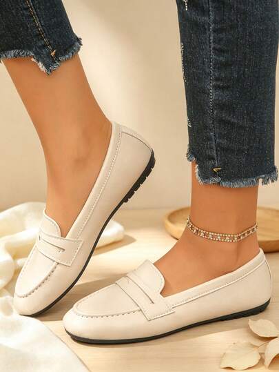 Spring/Autumn New Women's Minimalist Litchi Grain Beige Contrast Stitching Loafers, Soft Sole Slip-On Commuter Outdoor Casual Sports Shoes