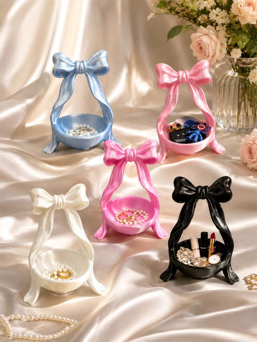 1pc Bowknot Decor Jewelry Tray, Girly Style Storage Box, Ring Holder/Jewelry Tray, Can Store Rings, Keys And Small Accessories, Earrings, Rings, Keys And Small Accessories Organizer Tray, Cute Decorative Storage Dish, Vanity Decor Accessory, Home Decor Bathroom Supplies