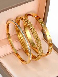 BORASI 1 pieza/3 piezas Pulsera de clavo de acero inoxidable chapada en oro de 18K de moda, adecuada para el uso diario de las mujeres, estilo clásico popular europeo y americano con diseño geométrico de cadena de reloj con strass, joyería elegante personalizada de lujo casual brillante, conjunto de joyería, para niñas, mujeres, mamás, parientes, amigos, hermosos regalos de boda, cumpleaños, Día de San Valentín, Día de la Madre. - Dorado - Ver 5