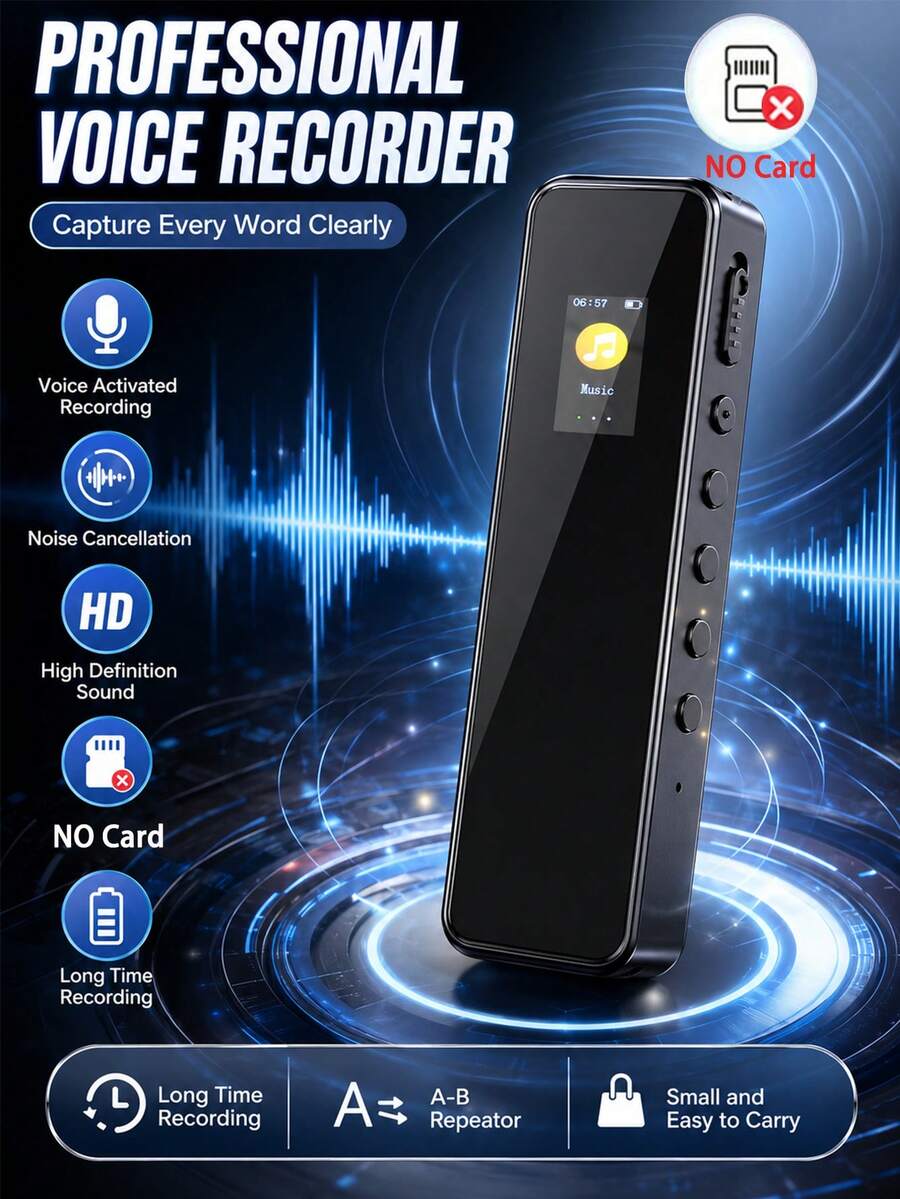 數位錄音筆,具備播放功能、降噪、高音質、MP3音樂播放器,380mAh可充電電池,適用於講座與會議,不含記憶卡 - 無 - 查看 1