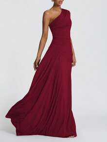 Elegant One-Shoulder Pleated Dress, Sexy Party Nightclub Wedding Style - Wine Red - View 3