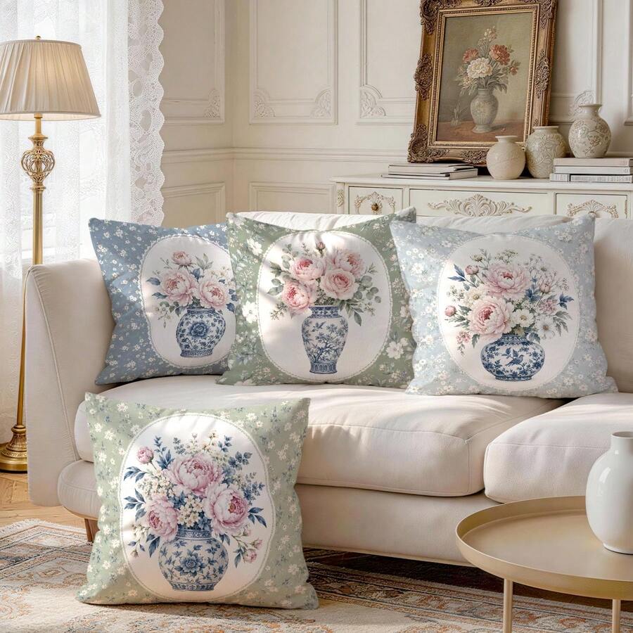 4pcs/1pc Blue And White Porcelain Vase Peony Pattern Pillow Case, Single-Sided Printed Pillow Case, Suitable For Living Room Bedroom Home Decor, All-Season Pillow Case - Multicolor - View 1
