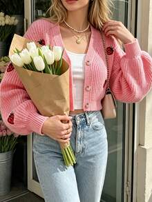Women's Autumn/Winter V-Neck Button-Up Short Knit Cardigan With Strawberry Embroidery, Suitable For Daily Wear - Pink - View 5