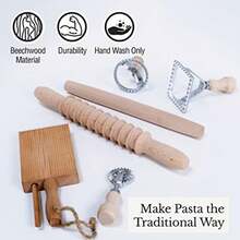 Complete 6 Pcs Pasta Making Tool Set Includes Two Ravioli Stamp Maker Cutter And Roller Wheel Set, Two Pasta Rolling Pins, Gnocchi Board By - Beech - View 4