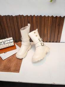 Autumn/Winter Kids Glossy Retro Mid-Calf Boots, Versatile, Heavy-Duty Metal Buckle & Rivet Decor, Non-Slip Sole, Easy To Clean, Suitable For Pants And Skirts, School, Daily Wear And Outings - Beige - View 5