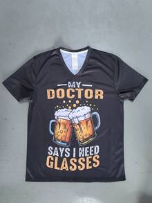 Beer Glass Sublimation Printed Men's V-Neck Shirt, Fashionable And Casual Street Style Short Sleeved Top, Machine Washable - Multicolor - View 5
