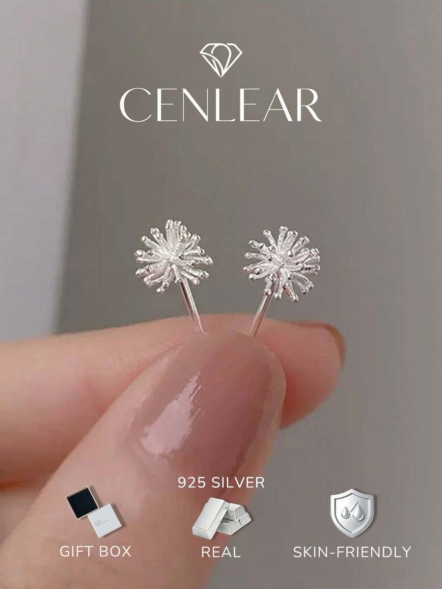 1pc Dainty Dandelion Design Stud Earring Made Of 925 Sterling Silver, Hypoallergenic, Bohemian & Minimalist Style For Women's Date Outfits - Dandelion - View 1