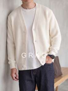 GRKC ANDREILEE 男士純色極簡休閒百搭時尚鈕扣開襟 V 領長袖寬鬆羅紋針織毛衣 秋冬外套 - 米色 - 查看 3