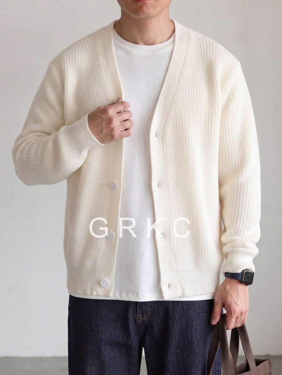 GRKC ANDREILEE 男士純色極簡休閒百搭時尚鈕扣開襟 V 領長袖寬鬆羅紋針織毛衣 秋冬外套 - 米色 - 查看 1