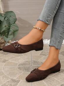 Brown Dual-Metal Buckle Pointed Toe Flat Shoes Women Spring Autumn Vintage Commute Low Vamp Versatile Loafers - Coffee Brown - View 3