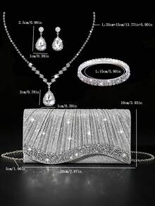Women's Evening Clutch Bag With Rhinestones, Chain Shoulder Bag, Luxury Rhinestone Necklace, Earrings, Bracelet Jewelry Set, 4pcs - Silver - View 6