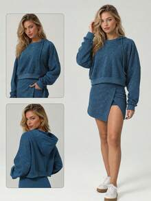 Women's Washed Blue Cropped Hooded Sweatshirt Drop Shoulder Loose Fit Drawstring Long Sleeve Daily Workout Casual Loungewear Athletic Top - Blue - View 4