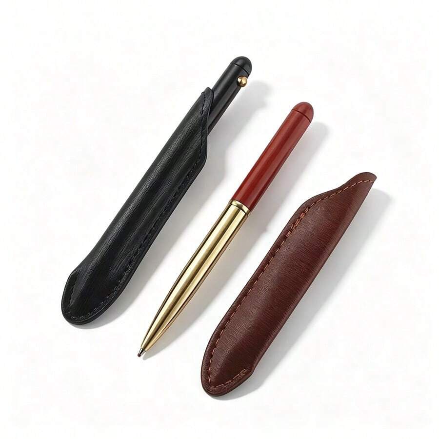 Retro Metal Ballpoint Pen With Leather Pen Sleeve, Portable Signature Writing Pen For Office School Daily Use, Gift‑Ready - MT - View 1