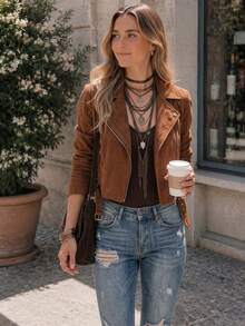 Women's Western Style Faux Suede Motorcycle Jacket, Brown Long Sleeve Zipper Collar Woven Coat, Business Casual Style, Suitable For Spring, Summer, Autumn, Winter - Caramel Brown - View 3