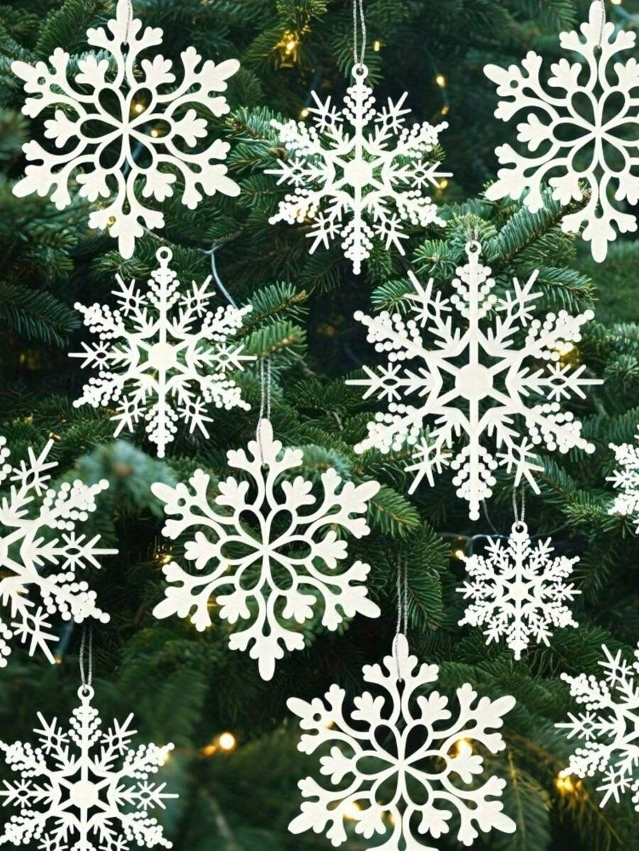 24pcs Random Glitter Snowflake Christmas Tree Decorations White | Plastic Material, Multiple Sizes, Shatterproof, Suitable For Indoor Winter Wonderland And Christmas Party Decor