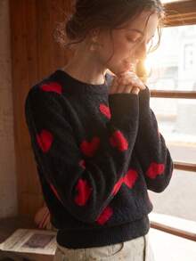 Knit Mix 優雅女款秋冬時尚法式簡約日常居家休閒寬鬆針織紅色愛心圖案圓領長袖套頭毛衣上衣 - 黑色 - 查看 3