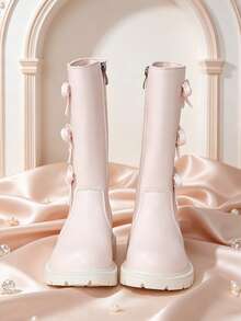 1 Pair High-Top Chelsea Boots, Soft PU Bow + Elastic Soft Sole Height Increase, Inner Zipper Design, Fashion Princess Style Long Boots, Suitable For Daily Wear, School, Holidays, Autumn/Winter New - Apricot - View 2