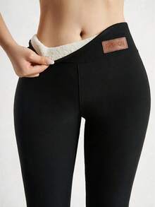 Women's Winter Warm Thickened Leggings, Fleece Lined, Elastic Soft, High Waist Flare Pants, Suitable For Cold Weather - Black - View 2