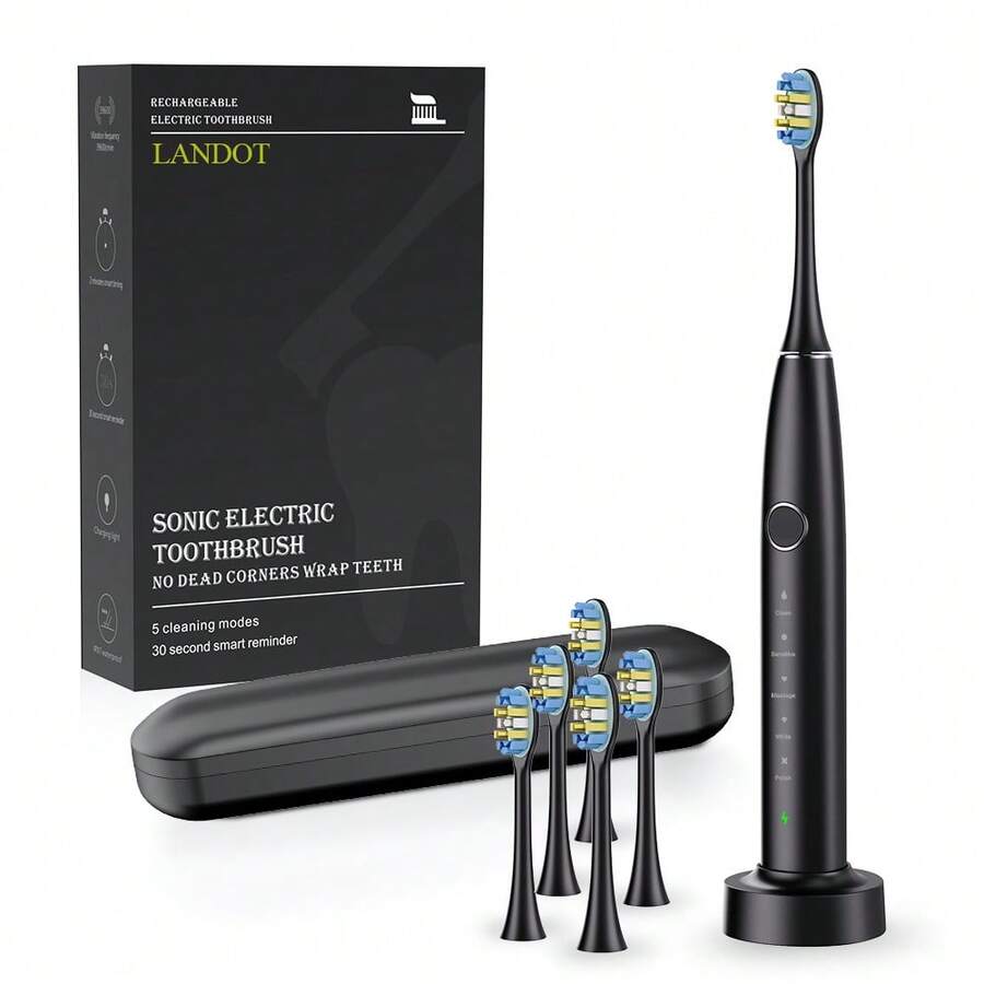 LANDOT 5‑Modes Sonic Electric Toothbrush For Adults, Rechargeable IPX7 Waterproof Toothbrush With Smart Timer, High‑Frequency Vibration Deep Cleaning Whitening For Sensitive Gums - Black - View 1