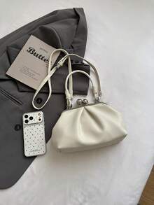 Handheld Pleated Bag With Round Metal Buckle Decoration, Dual-Use Handheld And Crossbody, Metal Clasp Closure, Vintage Gentle Style, Metal Clasp Underarm Bag, Suitable For Women's Daily Dates And Outings, Compact And Exquisite, Combines Aesthetics And Storage, Matches Various Outfit Styles - Beige - View 3