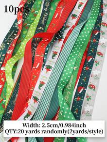 10pcs Christmas Gift Wrapping Ribbons, Random Patterns, Snowflake Deer Christmas Tree Pattern Woven Ribbon, Christmas Tree Wreath Decoration Bow Pendant, Gift Box Packaging Ribbon, Party Decoration Colorful Ribbon, - View 10