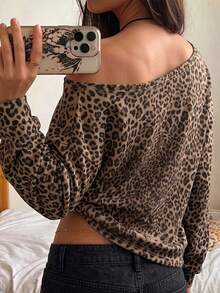 Women's Leopard Print Off-Shoulder Casual Long Sleeve Sweatshirt Graduation/Teacher/Back To School PU - Multicolor - View 3