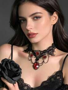 European & American Exaggerated Halloween Necklace Gothic Style Red Ruby Water Drop Lace Pendant Jewelry Costume Prop Accessory Gift For Girlfriend - Multicolor - View 2