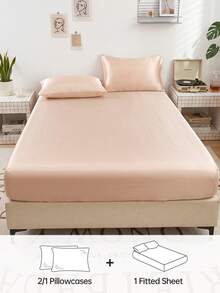 2/3 Piece Luxury Satin Bed Sheet Set, Includes 1 Deep Pocket Fitted Sheet And 1/2 Pillowcases - 100% Polyester, Solid Color, Silky Smooth, Suitable For All Seasons - Machine Washable - Suitable For Home And Hotel, Champagne Color - Champagne - View 2